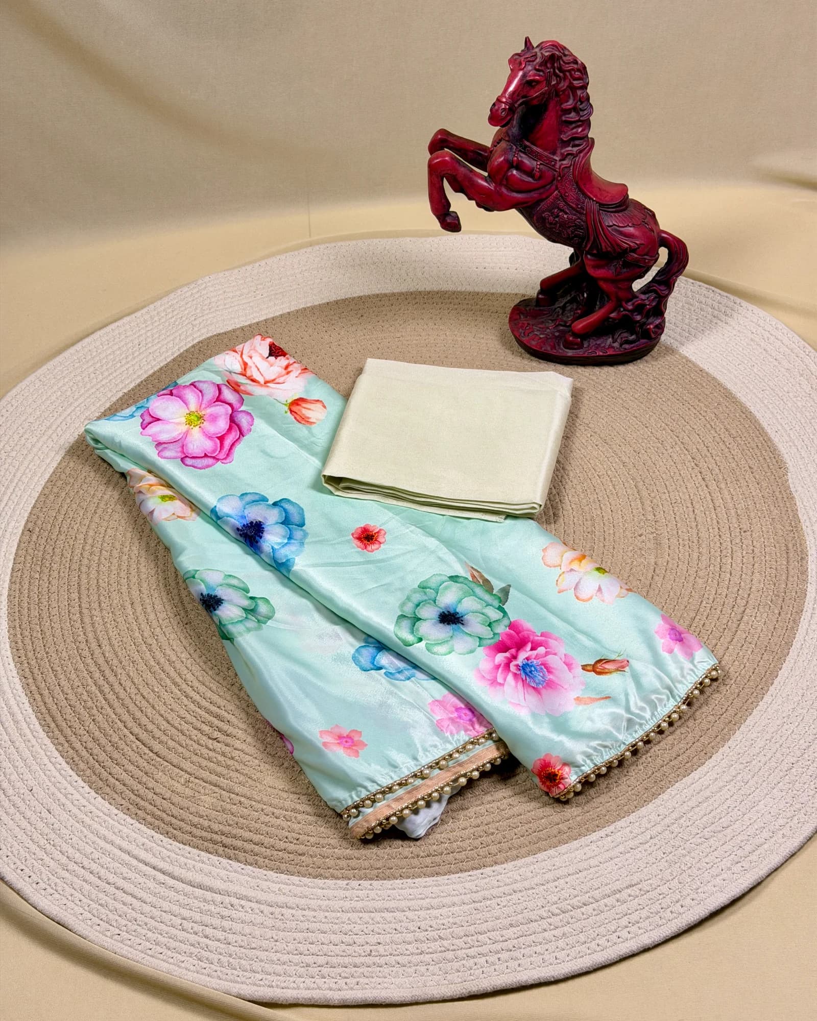 Craft detail of Satin Silk Floral Printed Saree With Pearl Lace